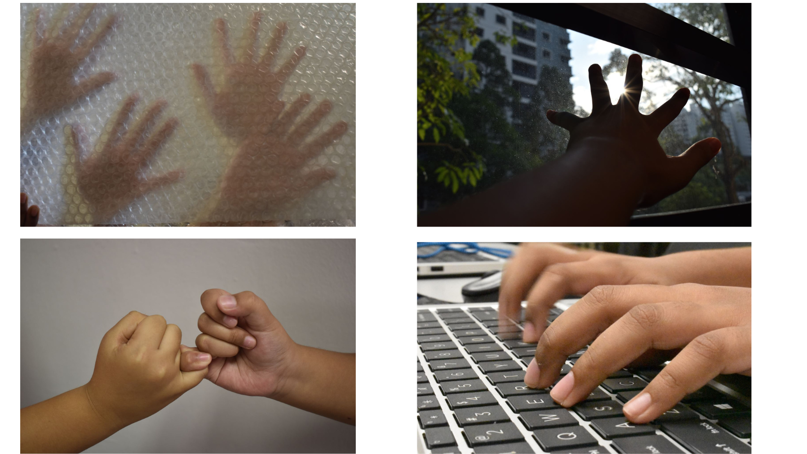 Four panels showing hands: pressed on bubble wrap, silhouetted on car window, clasped together, and typing on a keyboard.